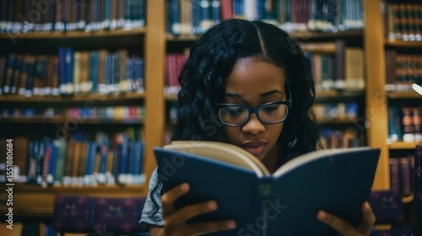 Fototapeta Teenage girl wearing glasses concentrated reading book in library with bookshelves background, education concept featuring natural lighting and quiet study atmosphere, shallow depth of field