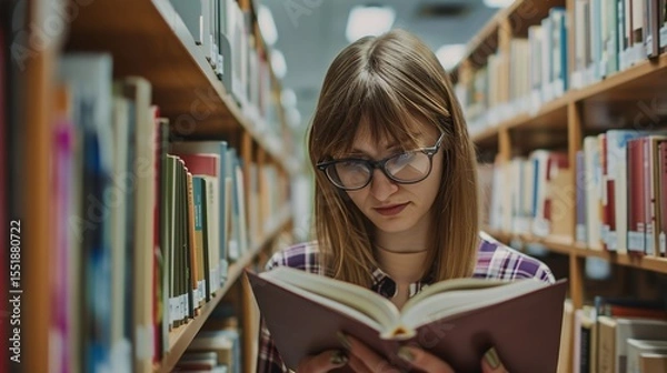 Fototapeta Teenage girl wearing glasses concentrated reading book in library with bookshelves background, education concept featuring natural lighting and quiet study atmosphere, shallow depth of field