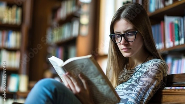 Fototapeta Teenage girl wearing glasses concentrated reading book in library with bookshelves background, education concept featuring natural lighting and quiet study atmosphere, shallow depth of field