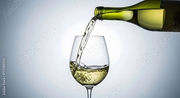 Fototapeta White Wine Day: Pouring white wine into a crystal glass, creating a splash and bubbles, with a blurred background.