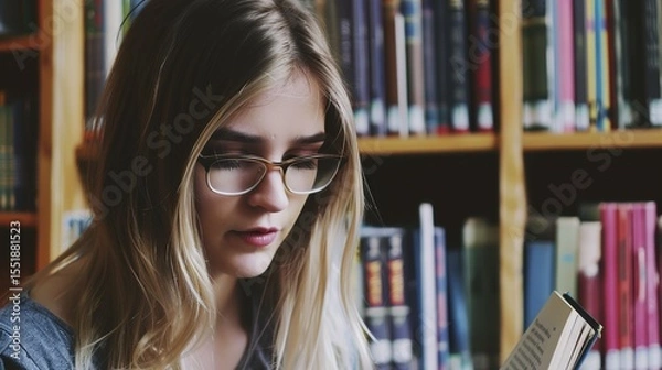 Fototapeta Teenage girl wearing glasses concentrated reading book in library with bookshelves background, education concept featuring natural lighting and quiet study atmosphere, shallow depth of field