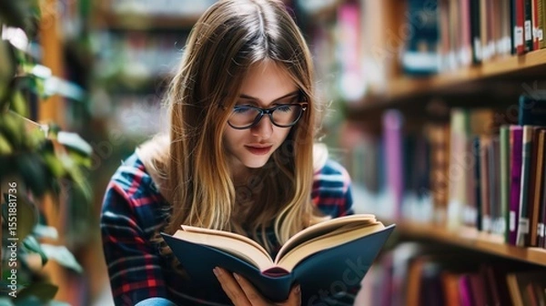 Fototapeta Teenage girl wearing glasses concentrated reading book in library with bookshelves background, education concept featuring natural lighting and quiet study atmosphere, shallow depth of field