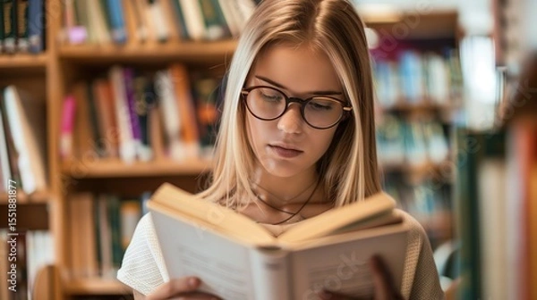 Fototapeta Teenage girl wearing glasses concentrated reading book in library with bookshelves background, education concept featuring natural lighting and quiet study atmosphere, shallow depth of field