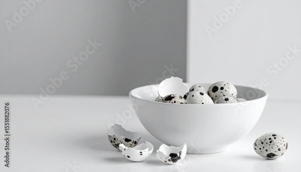 Fototapeta Quail egg bowl with speckled eggs and broken eggshells on white surface, monochrome still life with clean space and soft lighting creating calm and minimalistic atmosphere
