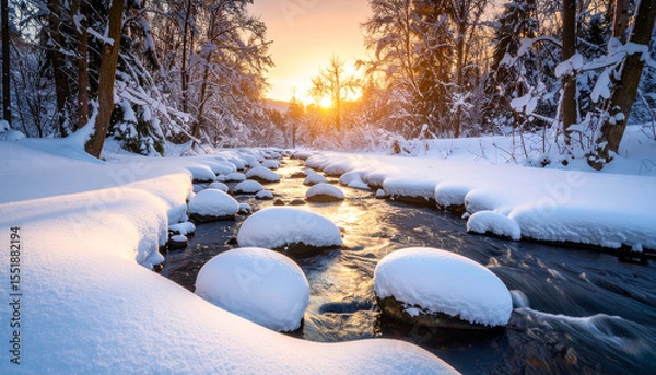 Fototapeta Snowy stones in winter stream reflect warm sunset light, surrounded by snow covered trees and peaceful forest landscape with clean space on left side