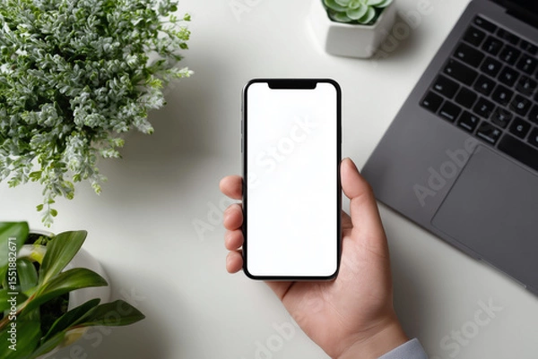 Obraz Hands holding smartphone with white screen at clean modern desk
