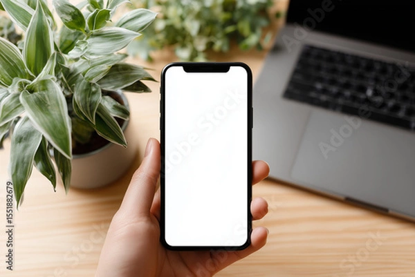 Obraz Hands holding smartphone with white screen at clean modern desk