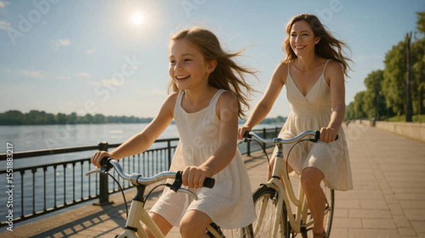 Fototapeta Smiling mother and daughter riding bicycles along riverside path on a sunny summer day, both wearing light dresses. Family joy and outdoor freedom. Peaceful moment.