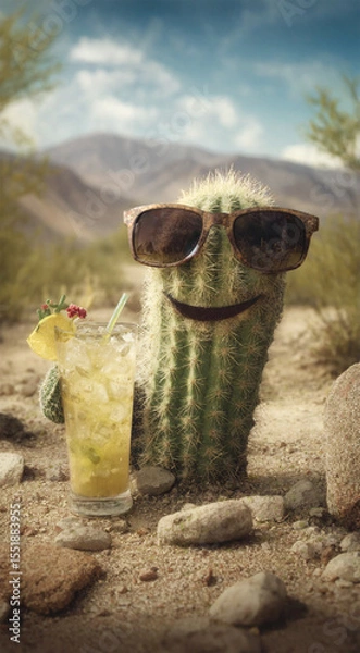 Obraz Cool cactus wearing sunglasses drinking lemonade in hot desert under bright sun with dry sandy ground