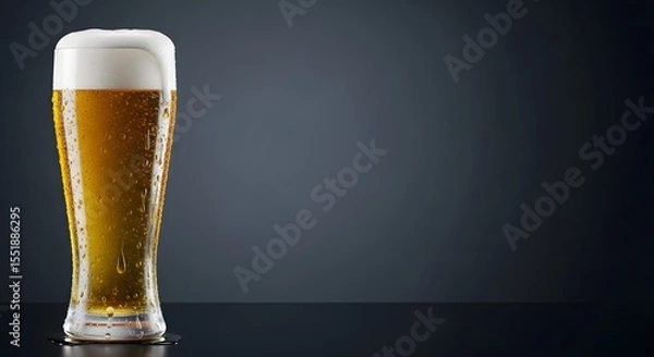 Fototapeta Beer Day: A condensation-covered glass of cold beer with a thick foam head, set against a dark, moody background.
