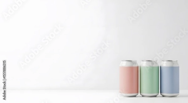 Fototapeta Beer Day: Three blank soda cans with pastel labels in pink, green, and blue stand in a row on a white surface against a clean white background.