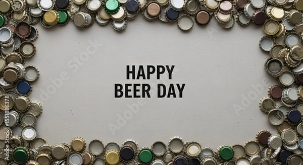 Fototapeta Beer Day celebration with a textured frame made of colorful beer bottle caps surrounding the text "HAPPY BEER DAY".
