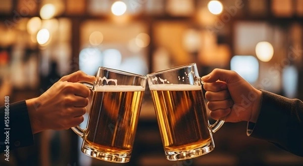 Fototapeta Beer Day cheers: Two hands clinking beer mugs filled with golden beer and foam in a cozy pub setting with bokeh lights.