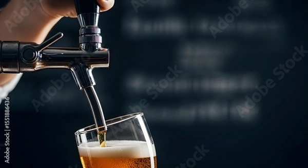 Fototapeta Beer Day: A close-up shot of beer being poured from a tap into a glass, creating a frothy head.