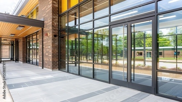Fototapeta Modern Glass School Entrance with Transparent Facade and Reflective Surfaces, Sleek Educational Architecture Featuring Minimalist Design and Natural Lighting, Empty Space for Text