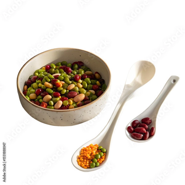 Fototapeta Porcelain spoons alongside a dish filled with vibrant dried beans, peas, and lentils, all set against a light off-white backdrop with gentle shadows