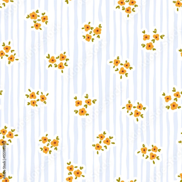 Fototapeta Preppy bouquet on wavy vertical lines stripes background. Coquette flowers trellis seamless pattern