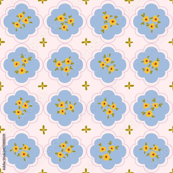 Fototapeta Preppy bouquet on damask background. Coquette small flowers trellis seamless pattern