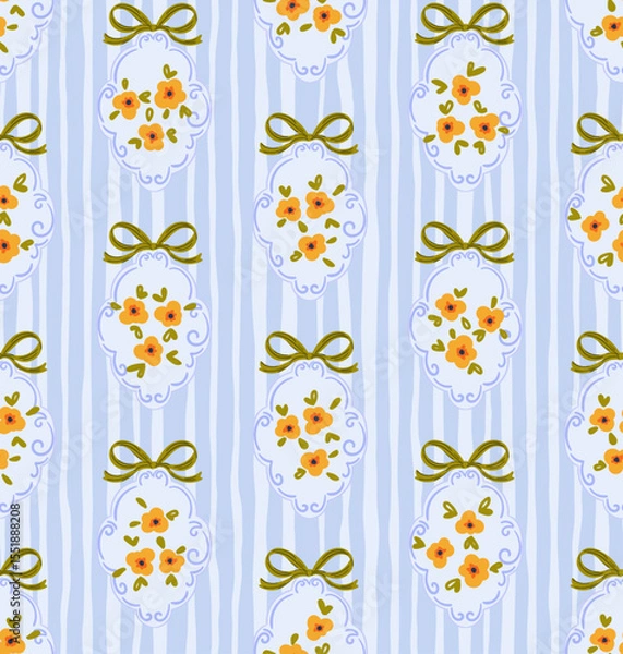 Fototapeta Preppy bouquet on damask background. Coquette flowers trellis seamless pattern stripes lines texture