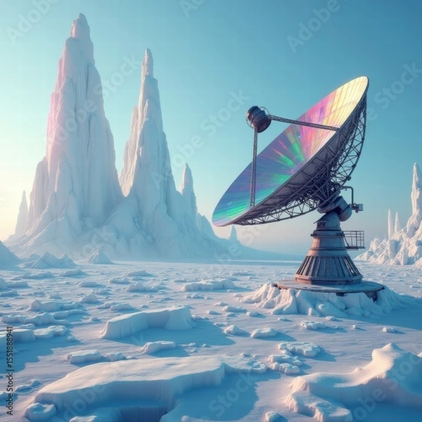 Obraz A large rainbow-hued satellite dish stands in a surreal icy landscape with towering frozen spires, blending advanced tech with a dreamlike arctic scene. Generative, AI,
