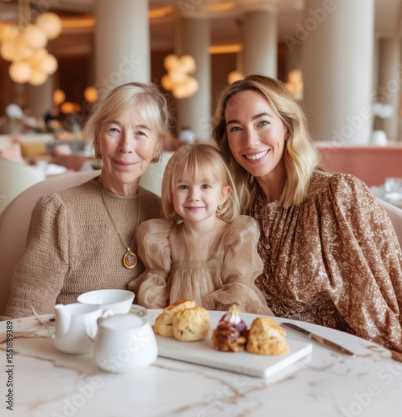 Obraz Three generations of women enjoying tea and dessert.