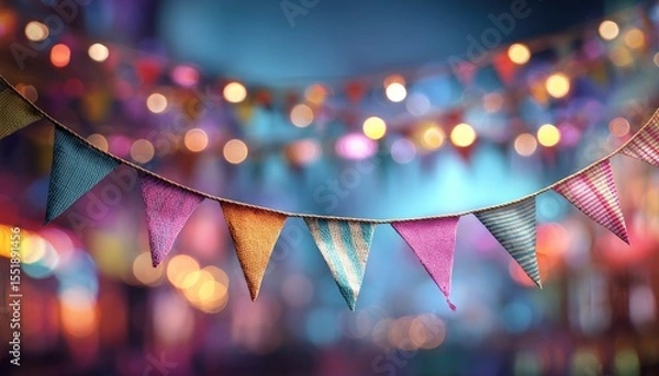 Fototapeta Colorful carnival background with bunting flags and bokeh lights for birthday party banner template design