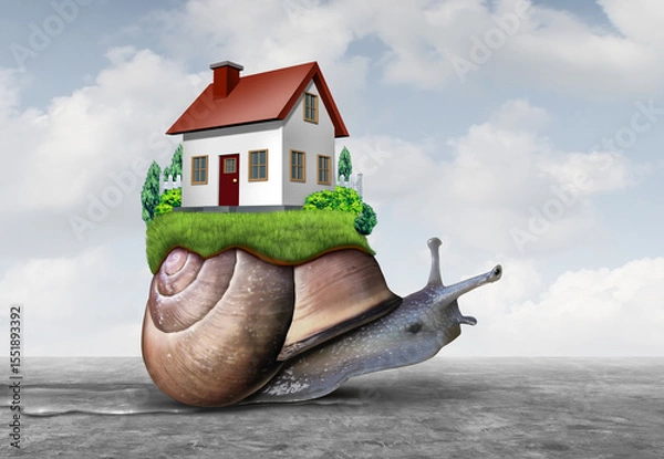 Fototapeta Sluggish US housing market and the global slowdown in real estate sales amid rising interest rates and economic uncertainty for home buyers and sellers as a slow snail metaphor.