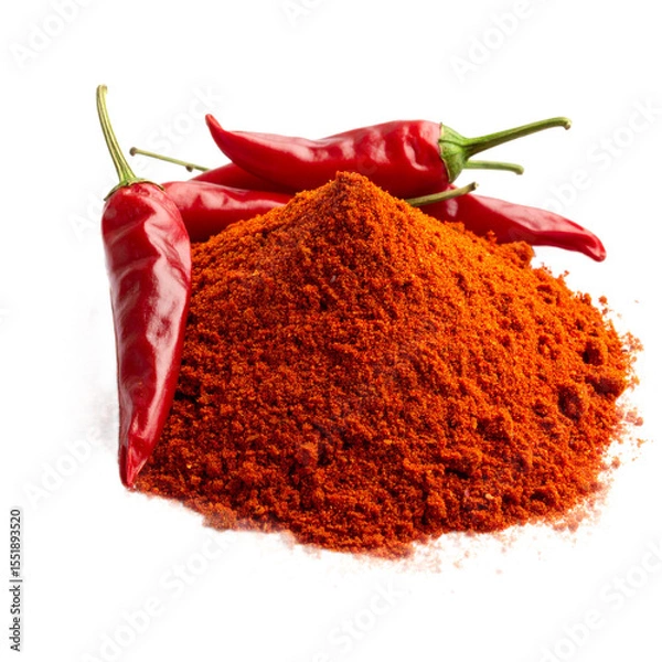 Obraz Fiery red chili powder mound with fresh peppers, culinary ingredient on transparent background