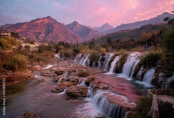 Fototapeta Scenic waterfall landscape at sunset with mountains, flowing water, and vibrant sky in a serene natural setting surrounded by greenery and tranquility