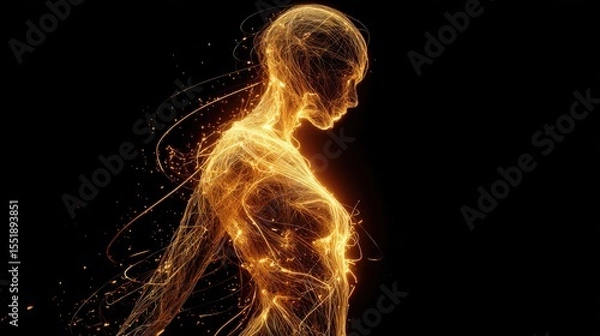 Fototapeta Futuristic human figure made of glowing golden light threads floating in darkness, perfect for conceptual artwork, sci-fi themes and advanced technology editorial content