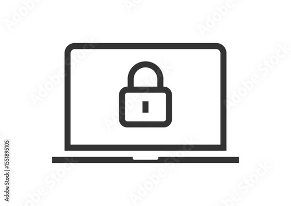 Fototapeta Laptop pc lock screen icon vector line stroke graphic, outline linear thin simple computer with padlock as secure protected access sign symbol pictogram image clip art