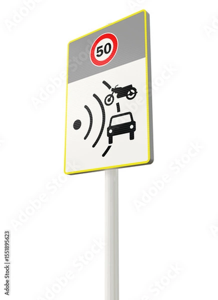 Fototapeta panneau routier Français indiquant une zone de contrôles radar et une vitesse limitée à 50 km/h - rendu 3D sur fond transparent