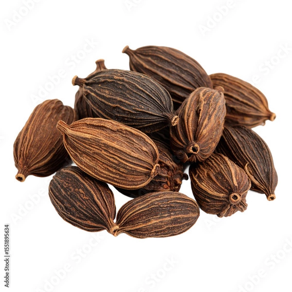 Obraz Earthy aromatic black cardamom pods, culinary spice heap, food flavoring on transparent background
