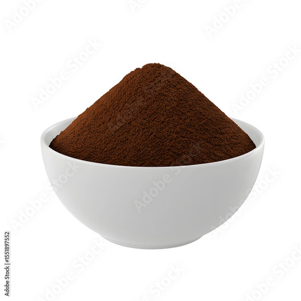 Obraz A white ceramic bowl filled with rich brown instant coffee granules piled high in a peak isolated on transparent background
