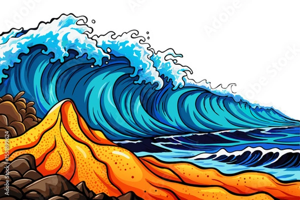 Fototapeta Waves crashing on a volcanic black sand beach vector, ideal for dramatic coastal nature scenes, exotic travel destinations, and ocean power concepts