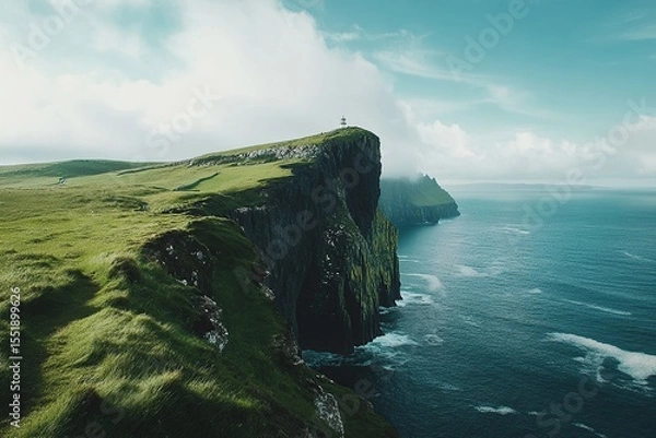 Fototapeta Photo of a lighthouse on top of a hill overlooking an ocean, with green grass and a blue sky in Ireland.