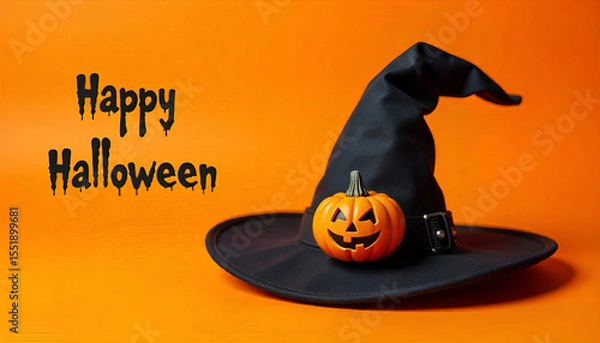 Obraz A black witch hat resting on a small pumpkin with "Happy Halloween" written on the side, isolated on an orange background.
