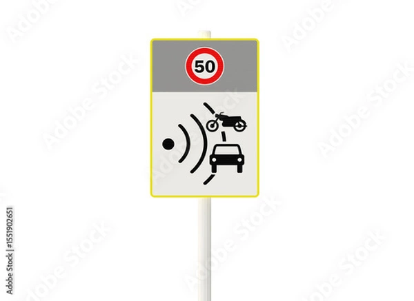 Fototapeta panneau routier Français indiquant une zone de contrôles radar et une vitesse limitée à 50 km/h, vu de face - rendu 3D sur fond transparent