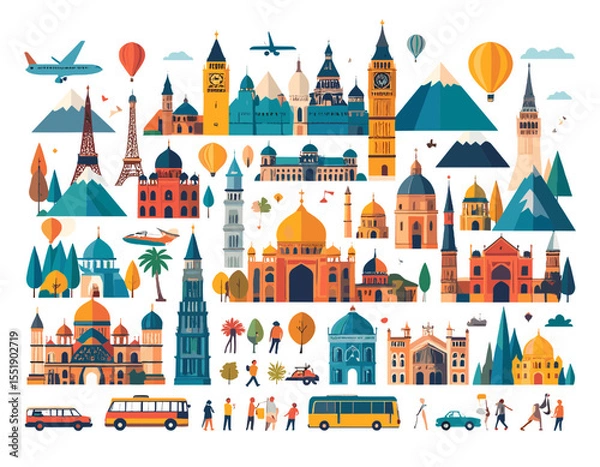 Fototapeta Colorful World Landmarks with Diverse Architecture Including Towers Buildings and Transport Against A White Background