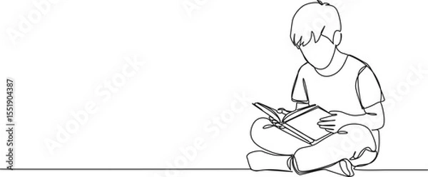 Obraz continuous single line drawing of young boy sitting on floor reading a novel, line art vector illustration