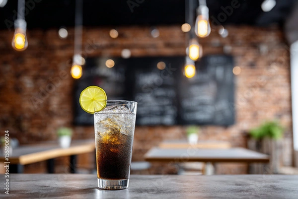 Fototapeta Tall glass filled with refreshing drink, ice cubes, and lime slice, placed on a wooden table in a cozy setting with warm lighting and rustic decor.