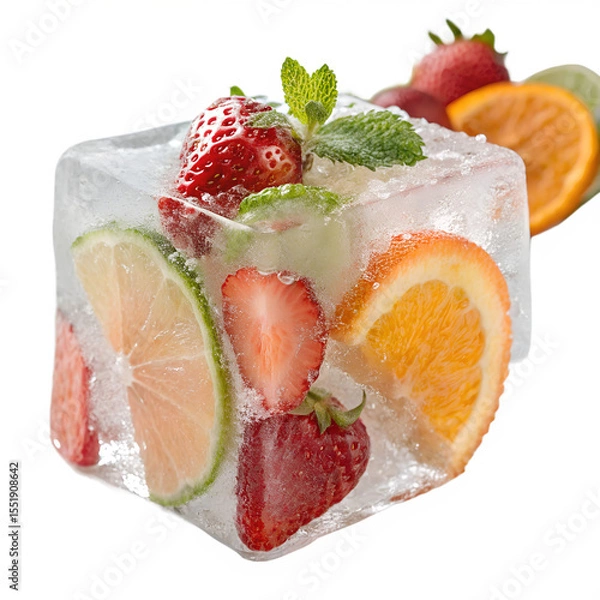 Fototapeta A refreshing ice cube showcases vibrant slices of orange, juicy strawberries, and a hint of lime, all suspended in crystal clear frozen water on a white background