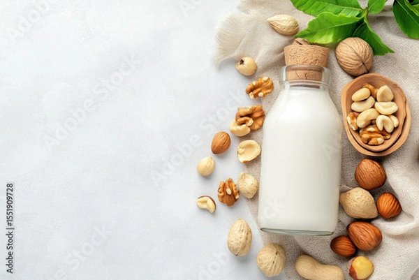 Obraz Glass bottle of nut milk sits on a light surface  surrounded by assorted nuts including almonds, cashews, and walnuts with copy space