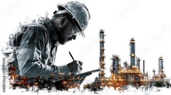 Obraz Electrical Engineer a worker engrossed in writing at a desk within an