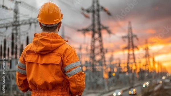 Obraz Electrical Engineer an individual in an orange protective suit standin