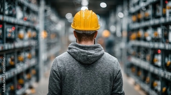Obraz Electrical Engineer a man standing amidst rows of electronic devices,