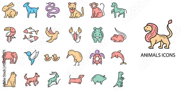 Obraz Animals simple concept 24 hand drawn color icons set .Vector illustration.	