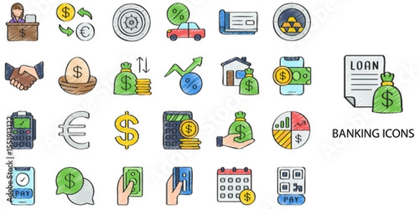 Obraz Banking simple concept 24 hand drawn color icons set. Vector illustration.	