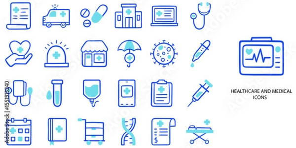 Obraz Healthcare and Medical simple concept 24 hand drawn color icons set .Vector illustration.	
