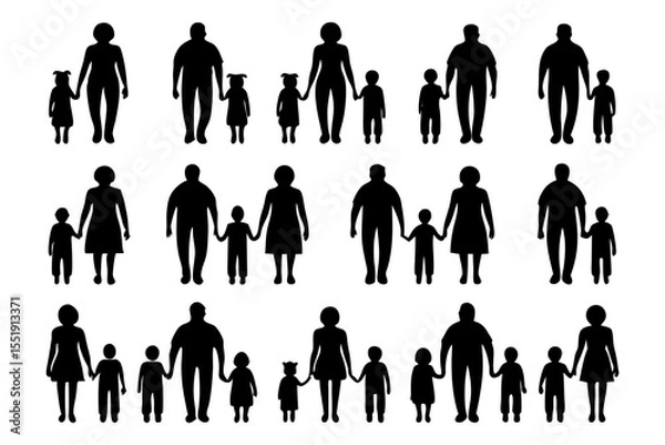 Fototapeta Family Silhouette Illustration: A collection of family silhouettes depicting various configurations of parents and children, conveying themes of unity, support, and the essence of family life.